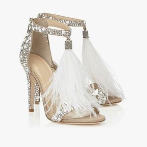 Elegant Tan Rhinestone and Feather Embellished Open Toe Heels - Size 37 Euro